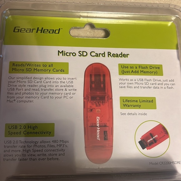 🏡 Gear Head USB 2.0 Micro SD Card Reader, Red   480 MBPS - Picture 3 of 3